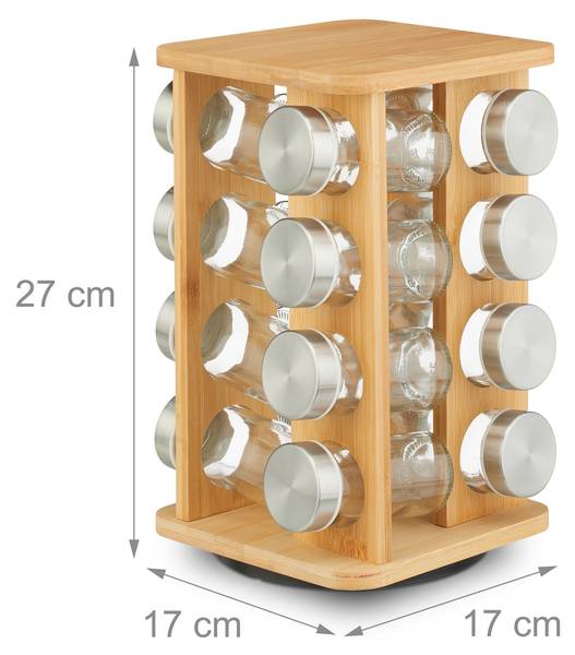 Gewürzkarussell mit 16 Gewürzgläsern Braun - Silber - Bambus - Glas - Metall - 17 x 27 x 17 cm