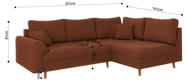 Ecksofa und Hocker Neo, Cord-Stoff Rubinrot - Ecke davorstehend rechts