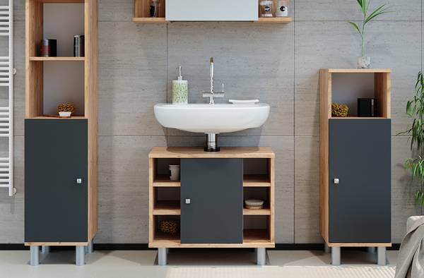 Meuble de salle de bains 80 cm 3 Tiroirs Chêne Naturel + Vasque