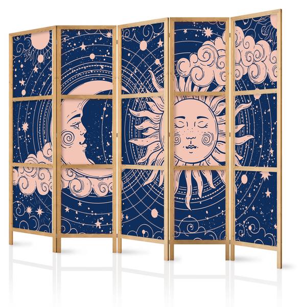 Paravent Sonne Wolken 5-tlg Blau - Pink - Weiß - Holzwerkstoff - Textil - 225 x 172 x 3 cm