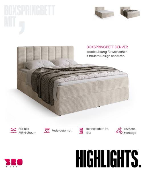 Boxspringbett DENVER Creme - Breite: 140 cm - Liegefläche Breite: 140 cm