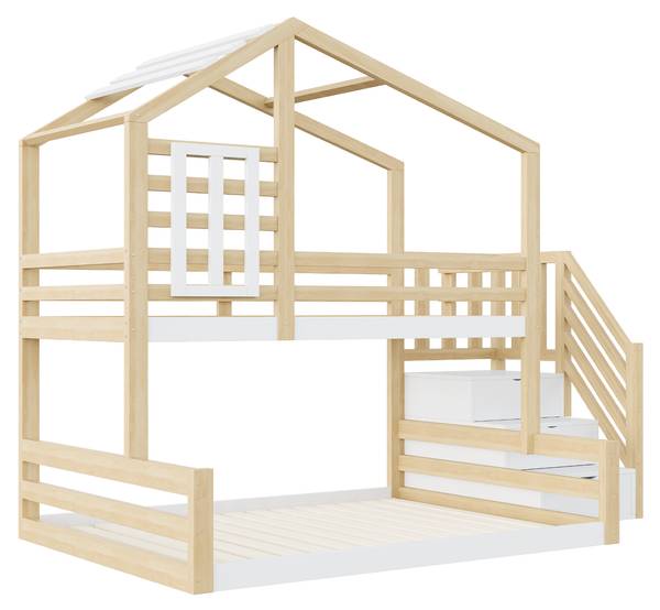 Haus-Etagenbett Uranus Ⅴ Braun - Weiß - Kiefer - 146 x 209 x 253 cm