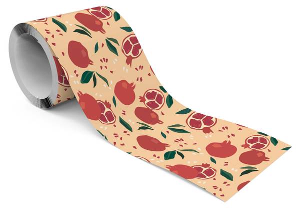 Tapetenbordüre GRANATAPFEL Obst Blätter Beige - Grün - Rot - Weiß - Fleece - 10 x 300 x 300 cm