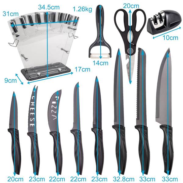 17-tlg Set Küchenmesser Messerblock Silber - Edelstahl - 12 x 24 x 36 cm