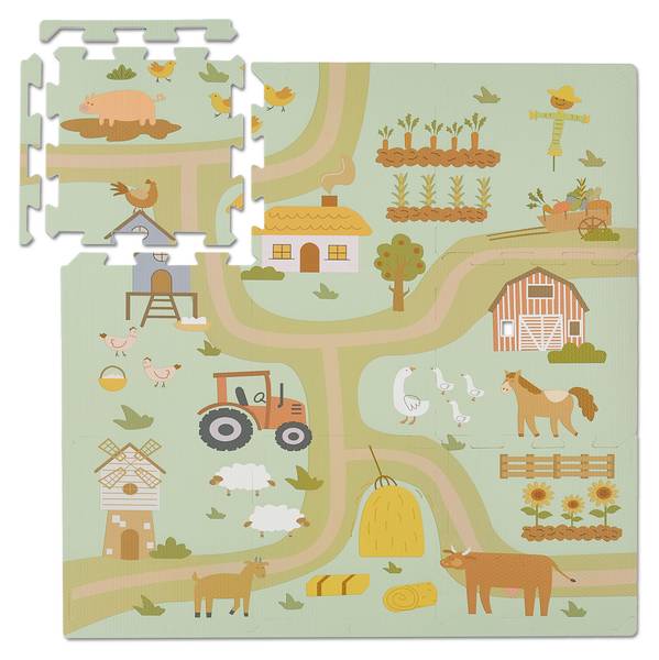 Puzzelmat baby boerderij afwasbaar beige - blauw - groen - kunststof - 90 x 1 x 90 cm