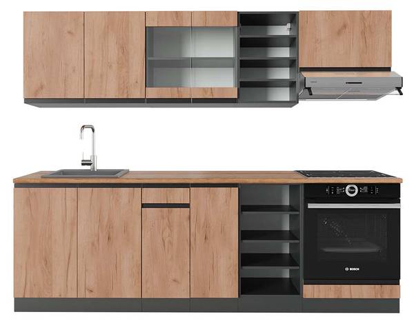 Küchenzeile R-Line 43221 Braun - Grau - Holzwerkstoff - 240 x 207 x 60 cm