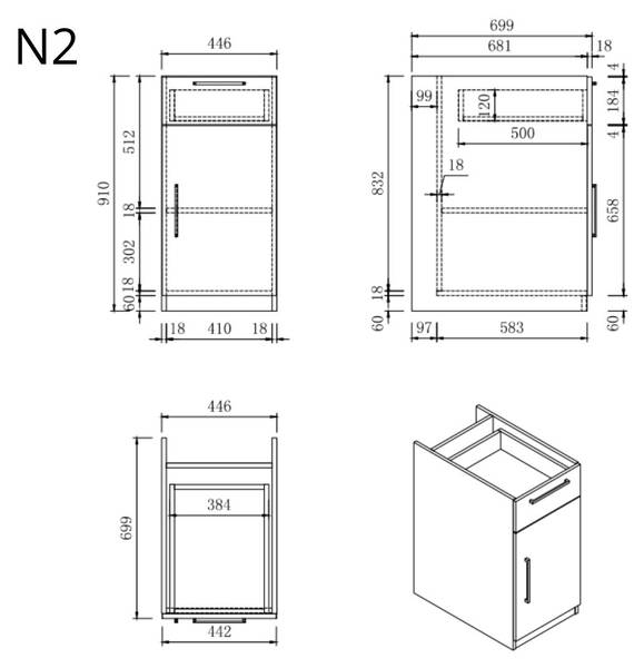 Küchenunterschrank Modul N2 Schwarz - Holzwerkstoff - 45 x 91 x 70 cm