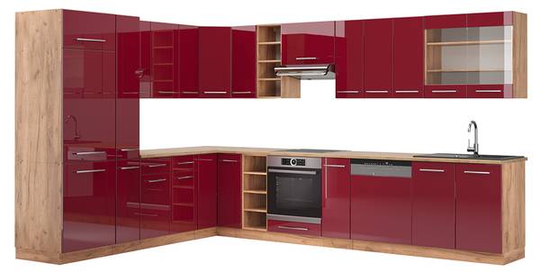 Eckküche Fame-Line 47340 19er Set Hochglanz Bordeaux - Eiche Dekor