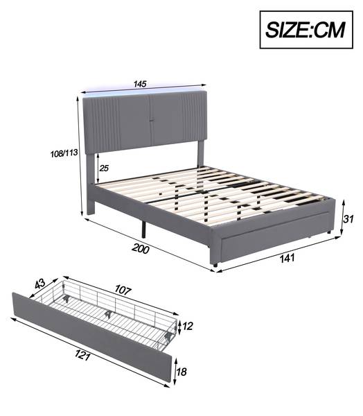 Polsterbett O12106 Grau - Holz teilmassiv - 145 x 109 x 211 cm