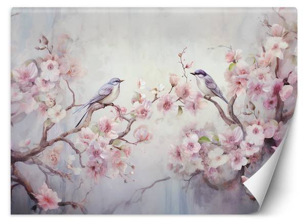 Fototapete Shabby Chic Vögel und Blumen 300 x 210 cm