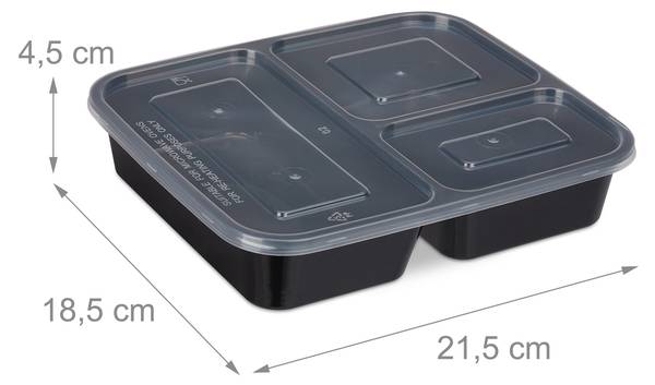 Meal Prep Boxen 3 Fächer 24er Set Schwarz - PVC - 22 x 5 x 19 cm