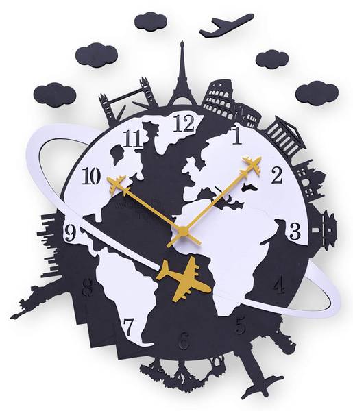 Horloge murale design Tour du Monde Noir - Blanc - Bois manufacturé - 41 x 45 x 1 cm