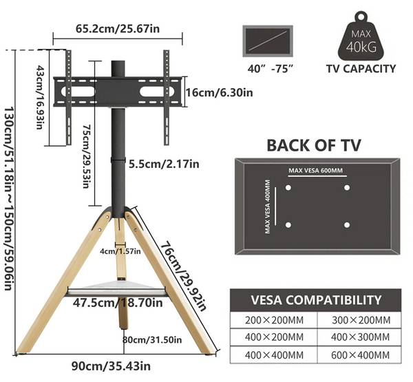 Support TV Aetheris Noir - Bois manufacturé - Métal - 90 x 130 x 90 cm