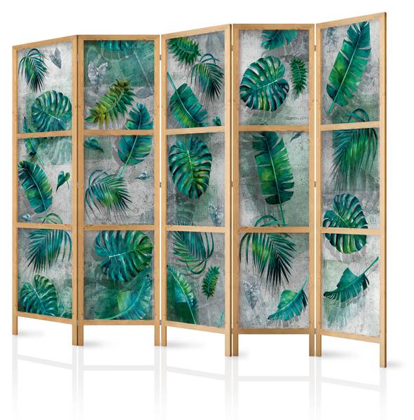 Paravent Beton Blätter 5-tlg Grau - Grün - Holzwerkstoff - Textil - 225 x 172 x 3 cm