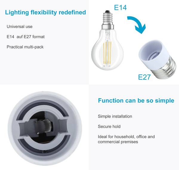 4x E27 auf E14 Lampensockel Adapter Weiß - Kunststoff - 3 x 10 x 10 cm