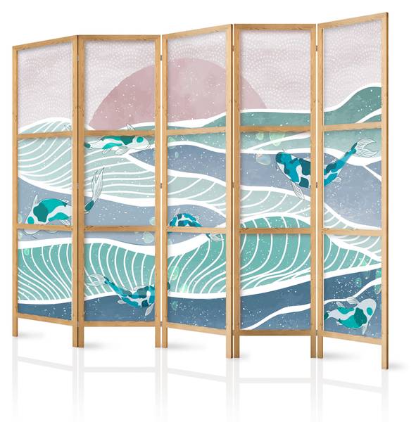 Paravent Fisch Ozean Sonne 5-tlg Blau - Grün - Pink - Weiß - Holzwerkstoff - Textil - 225 x 172 x 3 cm