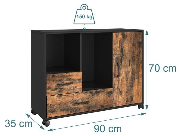 Rollcontainer 2 Schubladen & 4 Fächer Schwarz - Braun - Eisen - 90 x 70 x 35 cm