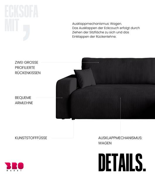 Ecksofa mit Schlaffunktion PUMI XL Schwarz
