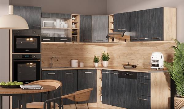 Eckunterschrank R-Line 47557 Beton Dekor - Dunkelgrau - Eiche Dekor