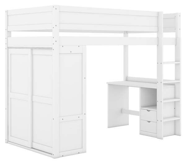 Hochbett mit Schreibtisch-O28109 Weiß - Massivholz - 165 x 165 x 205 cm