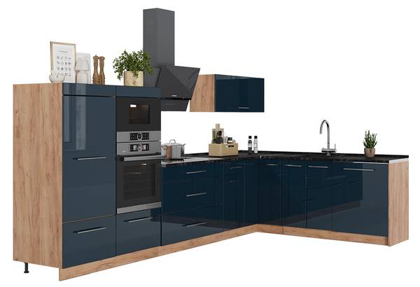 Eckküche Fame-Line 65715 Blau - Braun - Stahl - 347 x 154 x 60 cm