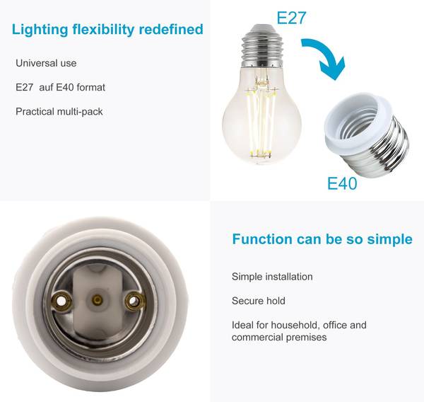 4x E40 auf E27 Lampensockel Adapter Weiß - Kunststoff - 5 x 11 x 11 cm