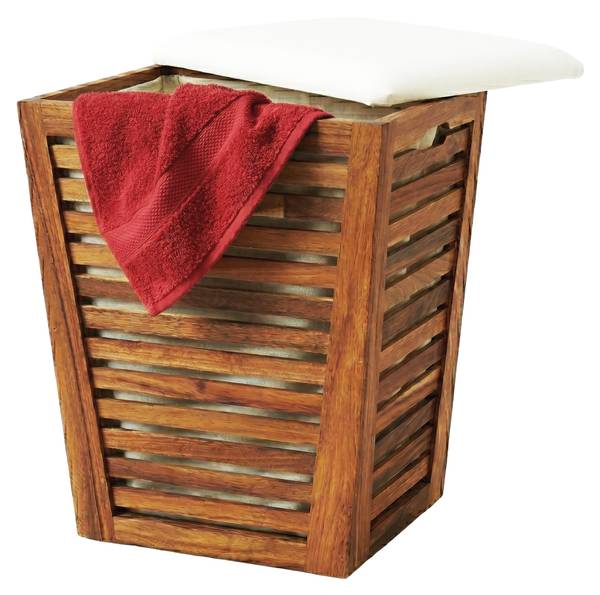 Wäschekorb aus Akazienholz mit Sitz Braun - Weiß - Holzwerkstoff - Textil - 40 x 56 x 40 cm