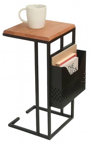 Beistelltisch mit Zeitungsablage C-Form Schwarz - Braun - Eisen - 30 x 63 x 37 cm