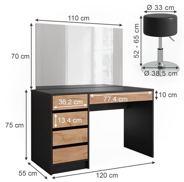 Schminktisch Sherry 52028 3er set Braun - Grau - Holzwerkstoff - 120 x 75 x 55 cm