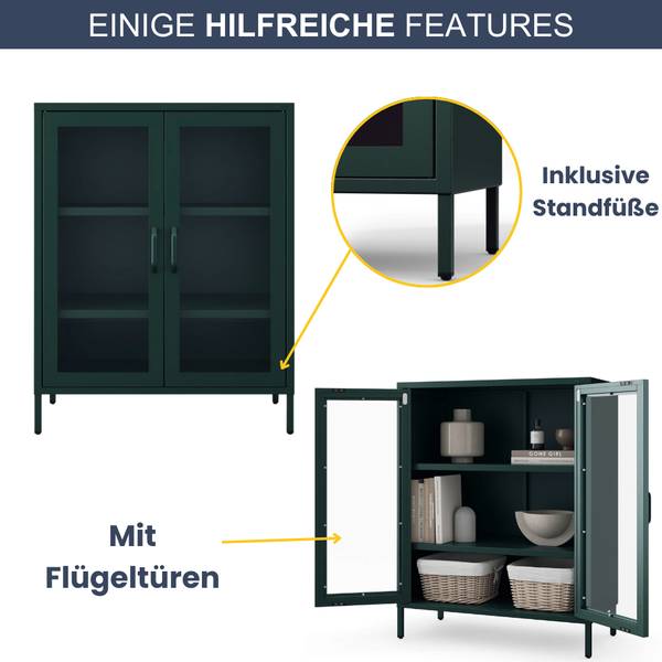 Vitrinenschrank klein GINA 3 Ebenen Dunkelgrün