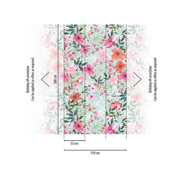 Fototapete Floral Blumentapete Grün - Orange - Pink - Türkis - Fleece - 159 x 280 x 1 cm
