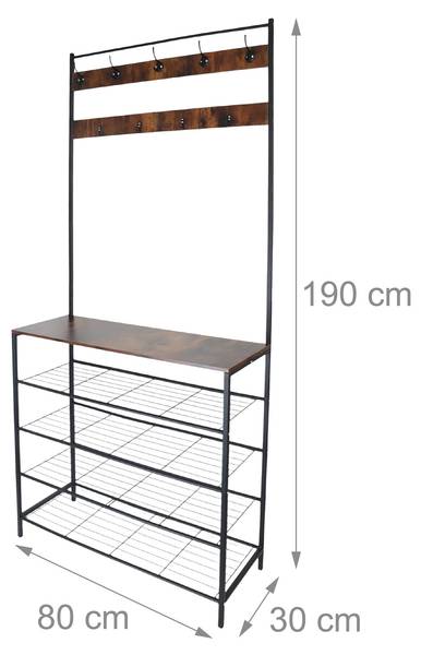 Kapstok met schoenenrek 8 haken zwart - bruin - ijzer - 80 x 190 x 30 cm
