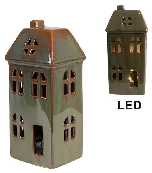 Haus mit LED Dusseldorf Grün - Porzellan - 6 x 15 x 7 cm
