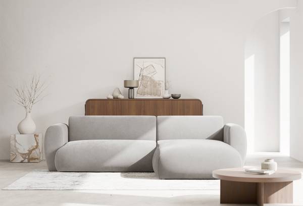 Hoekbank EMIA lichtgrijs - hoek vooraanzicht rechts - ottomane vooraanzicht rechts