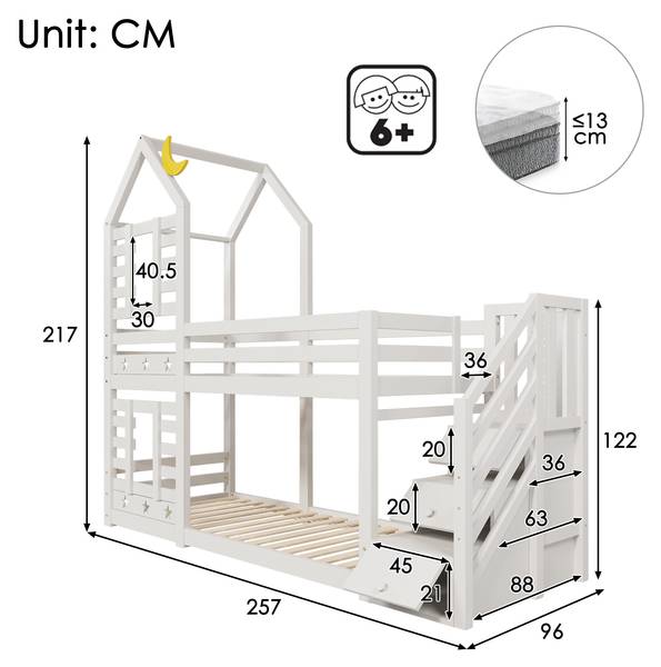 Etagenbett SkyAttic Ⅰ Weiß - Kiefer - 96 x 217 x 257 cm