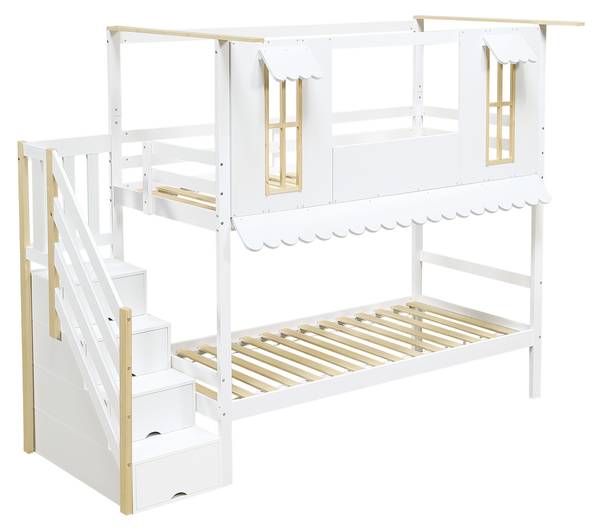 Lit superposé maison Uranus Ⅰ Marron - Blanc - Bois manufacturé - Bois massif - 97 x 202 x 253 cm