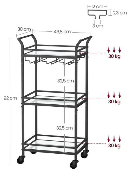 Servierwagen Victoria Schwarz - Glas - 47 x 92 x 30 cm