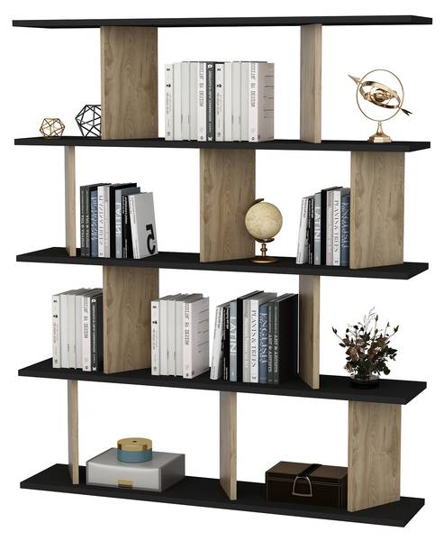 Bücherregal Grace Schwarz - Marmor Weiß Dekor - Eiche Dunkel
