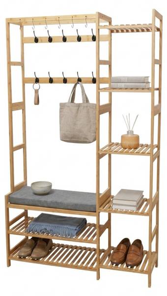 Garderobenständer mit Sitzbank & Haken Schwarz - Braun - Grau - Polyester - 104 x 175 x 30 cm
