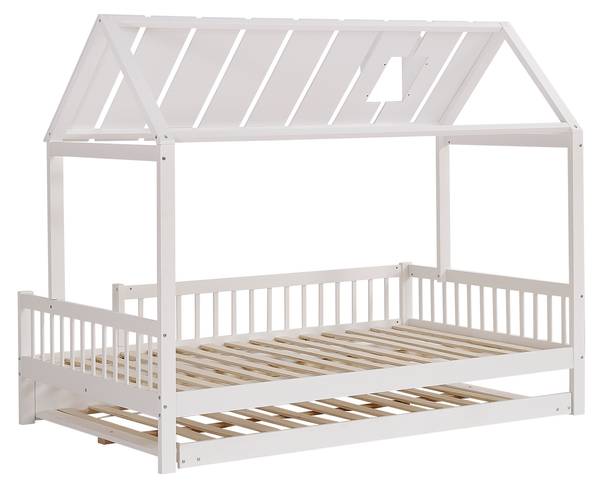 Hausbett mit Rollbett-O2913 Weiß - Massivholz - 169 x 169 x 205 cm