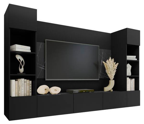 Wohnwand Deromi I Schwarz - Marmor Schwarz Dekor