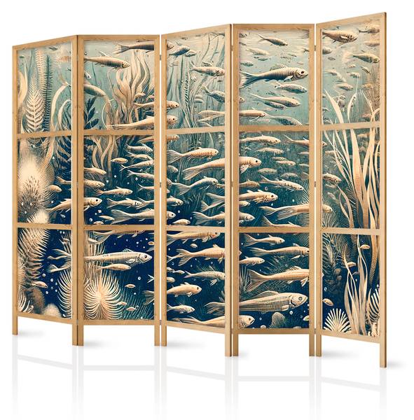 Paravent Pflanzen Fisch 5-tlg Beige - Blau - Grau - Weiß - Holzwerkstoff - Textil - 225 x 172 x 3 cm
