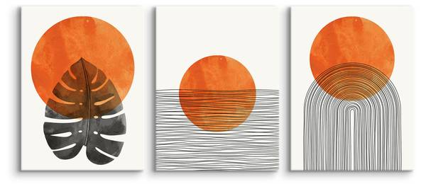 Leinwandbilder BLÄTTER Boho 3-er Set Beige - Schwarz - Orange - Leinen - 90 x 40 x 40 cm