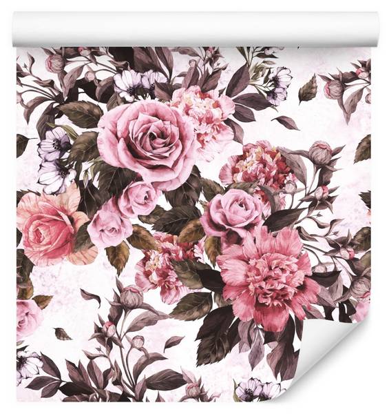 Tapete Rosen PFINGSTROSEN Blumen Natur Grün - Pink - Weiß - Fleece - 53 x 1000 x 1000 cm