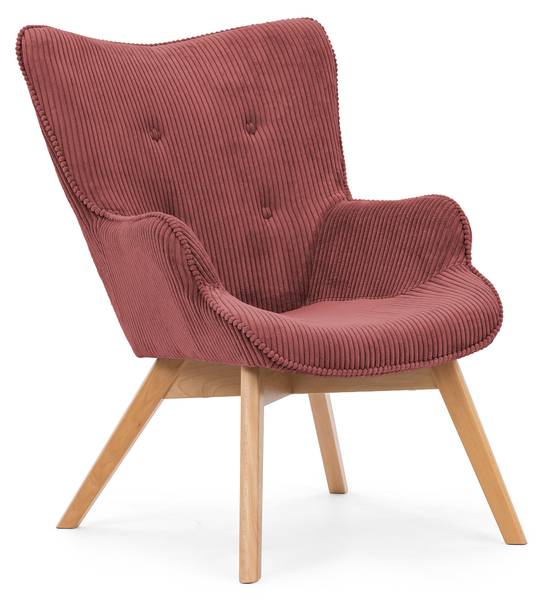 Loungefauteuil met hocker Lenari robijnrood - beukenhouten look
