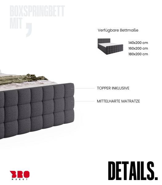 Boxspringbett DAKOTA DUO Dunkelgrau - Liegefläche Breite: 180 cm
