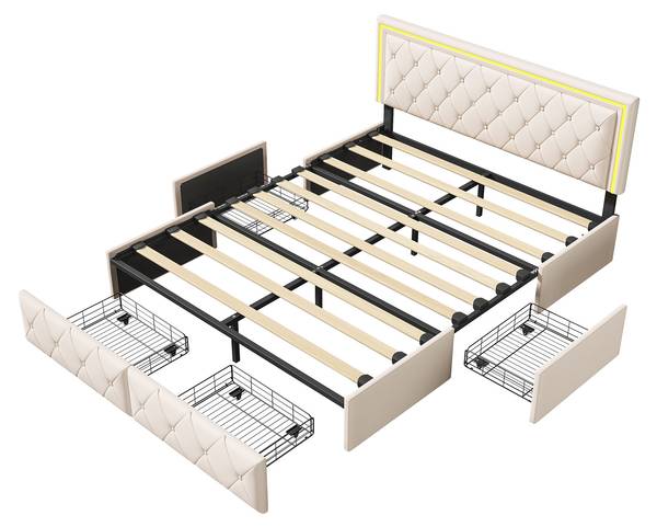 Doppelbett Polsterbett HDF09 Beige - Metall - Massivholz - 145 x 96 x 208 cm
