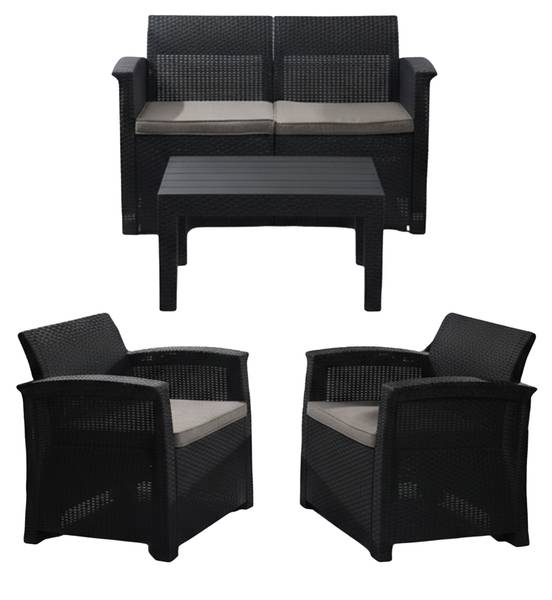 Ensemble de jardin 4 pièces en polyrotin Noir - Gris - Polyester - 122 x 75 x 60 cm