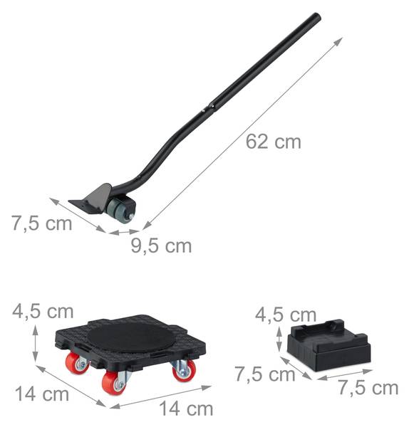 Möbelheber und Möbelroller Set Schwarz - Rot - Silber - Stahl - 62 x 10 x 8 cm