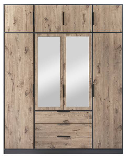 Kleiderschrank Lati 4D mit Aufsatz Schwarz - Eiche